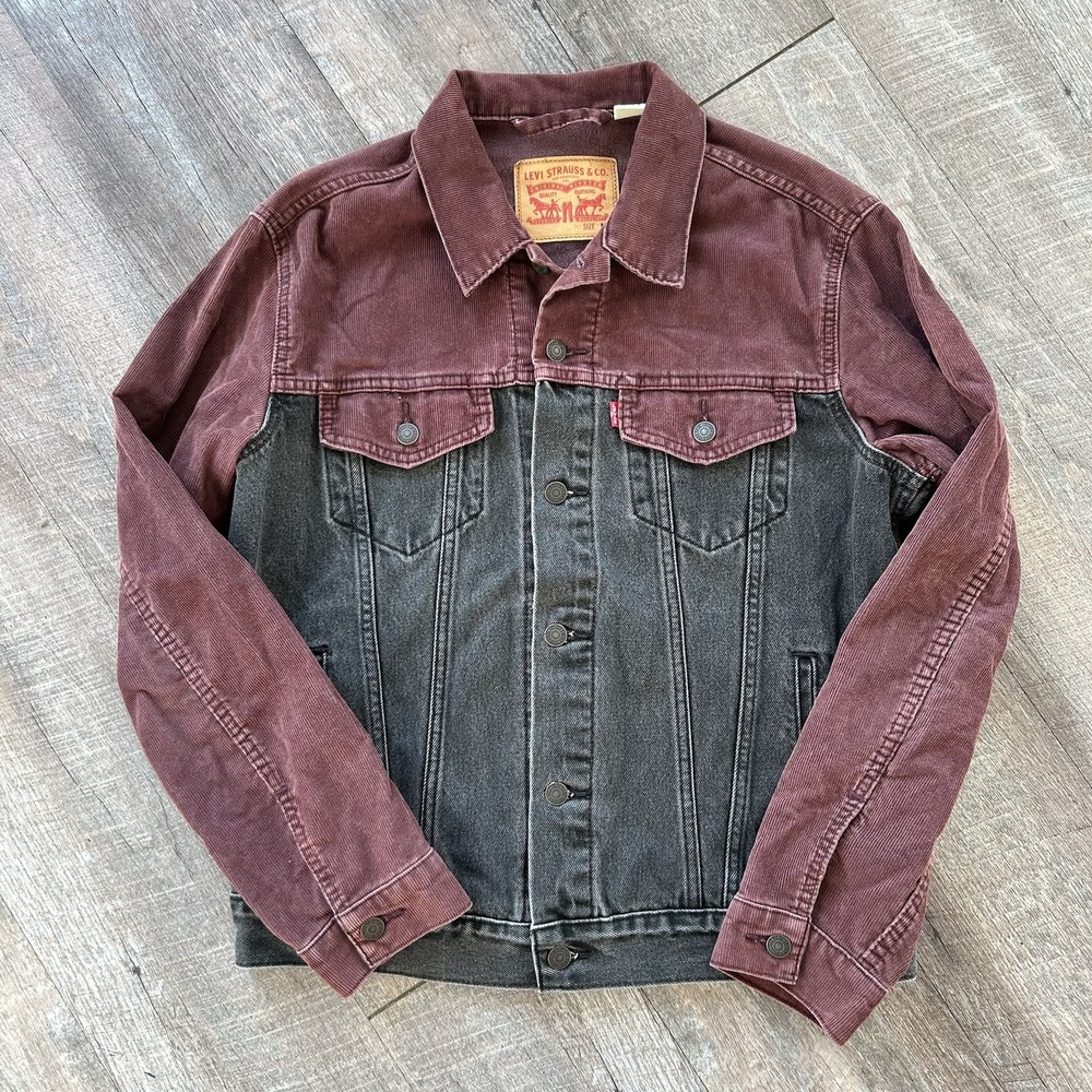 Levi's Corduroy Denim Jacket Black And Maroon Trucker Jacket Button Down Size M